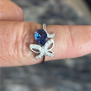Elegant Blue and Silver Butterfly Ring Size 8